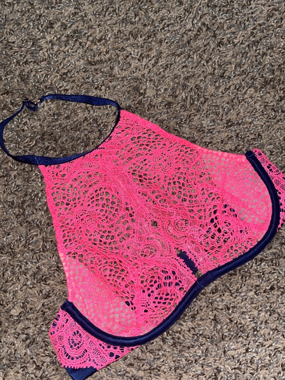 Victoria's Secret Very Sexy Neon Pink Navy Blue Crochet Lace Halter Bra 32B